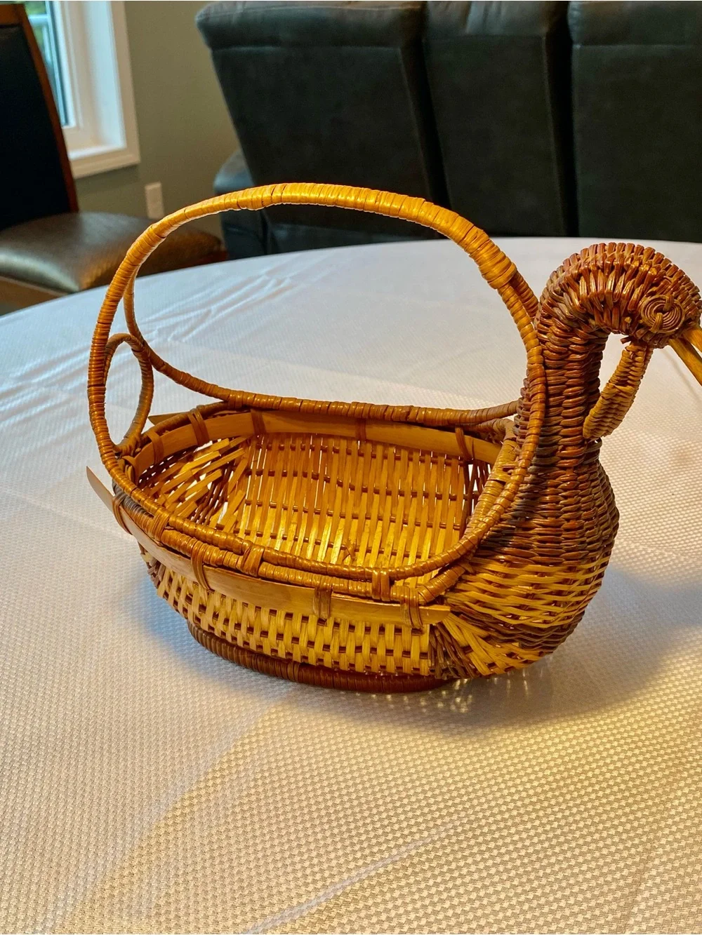 Vintage Woven Rattan Turkey Handle Basket - Natural Brown